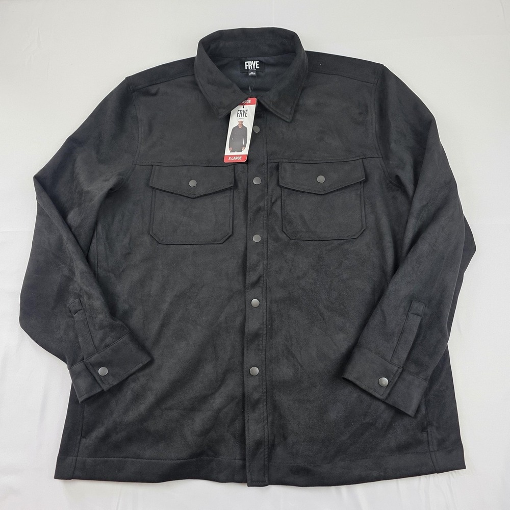 Frye Jacket Mens XL Black Faux Suede Military Shirt Jacket Snap Lined Pockets